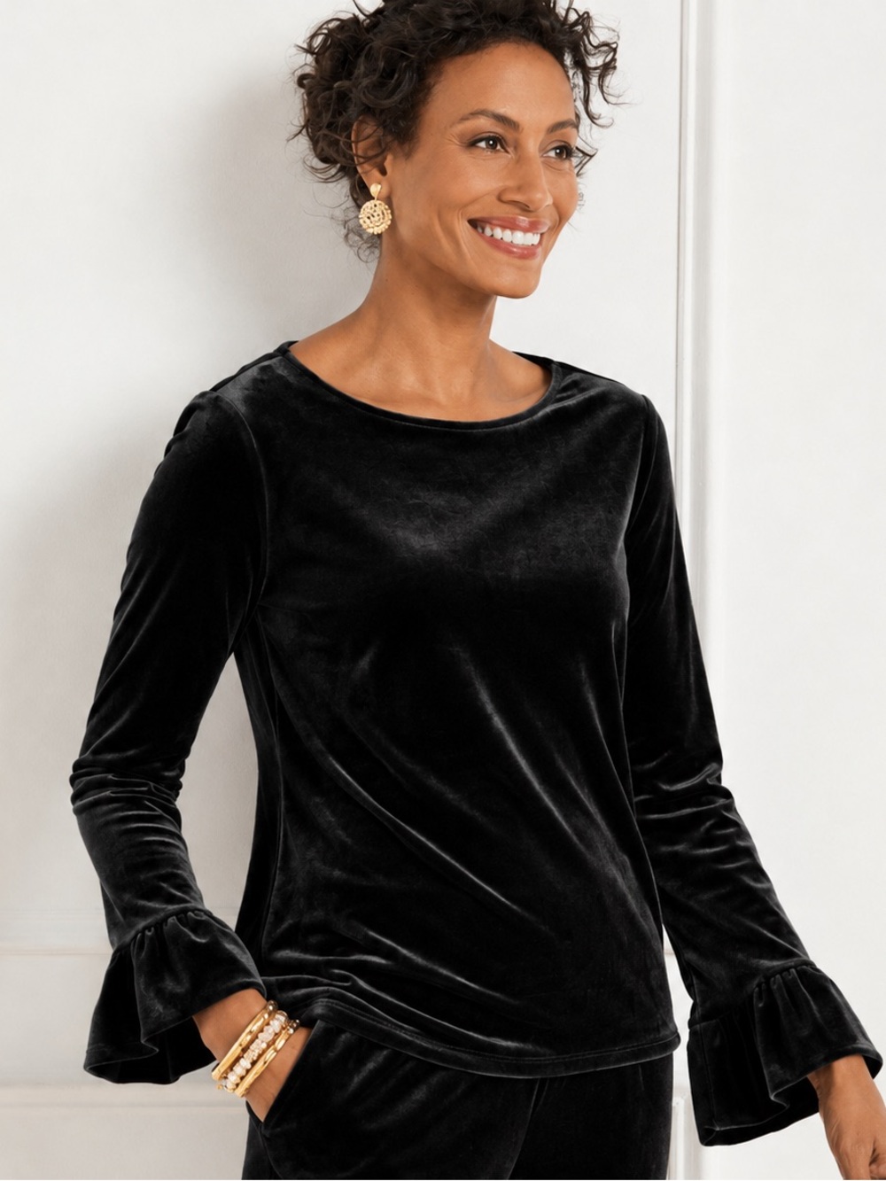 Talbots Black Velvet Ruffle-Sleeve Top with tie back- XS